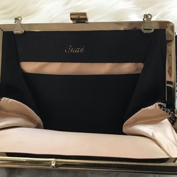 Vintage Andé evening bag/ clutch with gold trim and clasp, patent leather handle